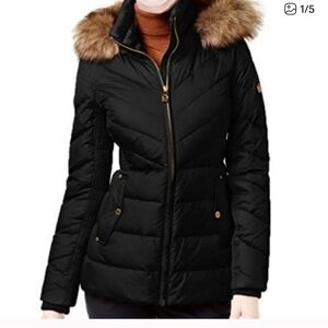 Michael Kors Black Quilted Puffer Jacket with Fur Trim (Removable Hood)
